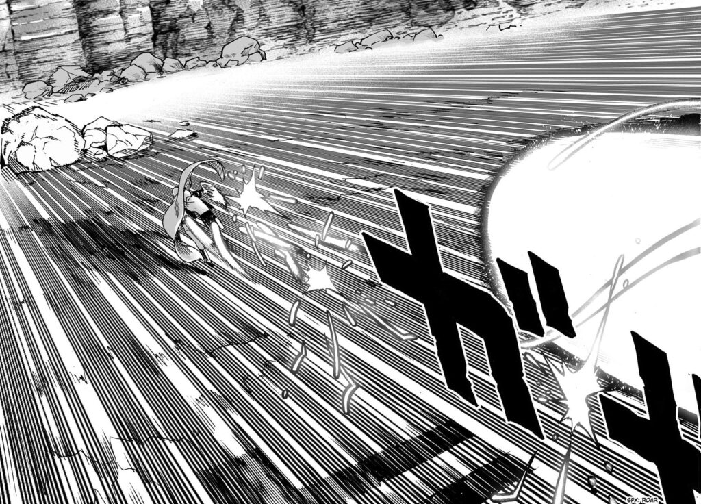 Genos overtakes the energy blast while attacking Saitama Sensei.