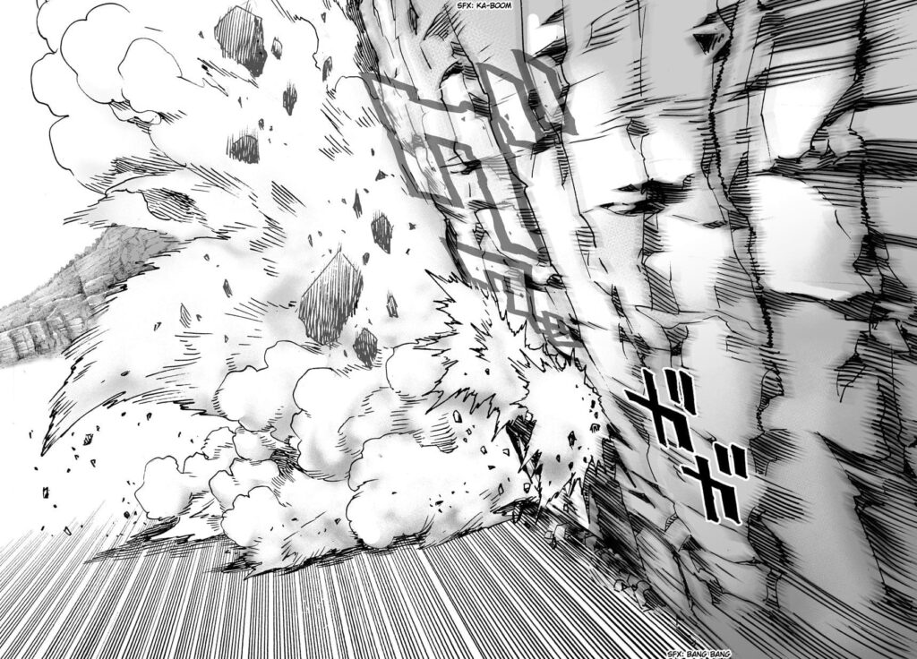 Wall continues to explode, showing Genos attacking Saitama under the dust.