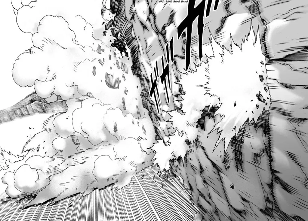 The dust continues to travel on the wall rocks, indicating Genos and Saitama's fight.