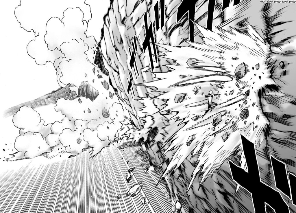 Genos is punching the wall of rocks, and the dust is everywhere.