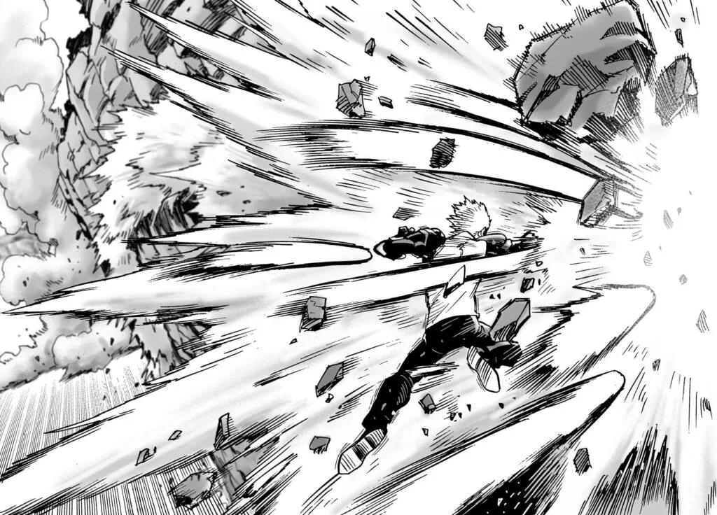 Close-up of Genos fighting, punching the wall rocks, destroying it in the process.