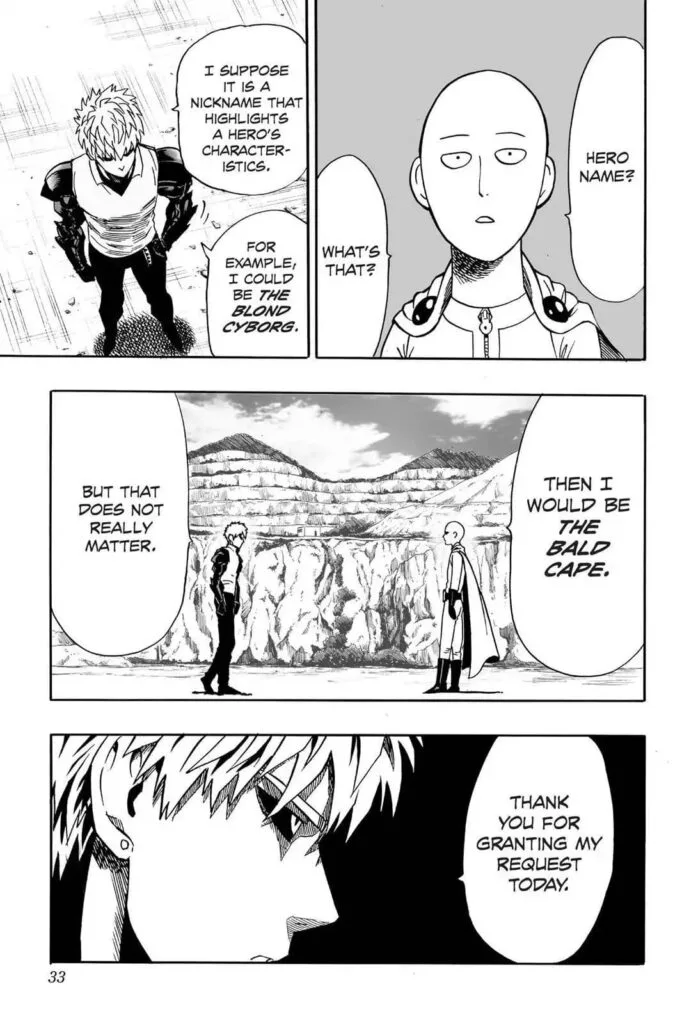 Genos and Saitama talk about their hero names while standing face to face.