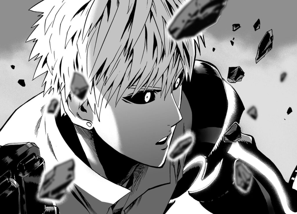 Genos looks surprised as pebbles fly near his face.