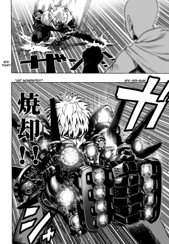 Genos jumps in front of Saitama, clenching his two fists forward with turrets glowing and coming out of his cyborg hands.