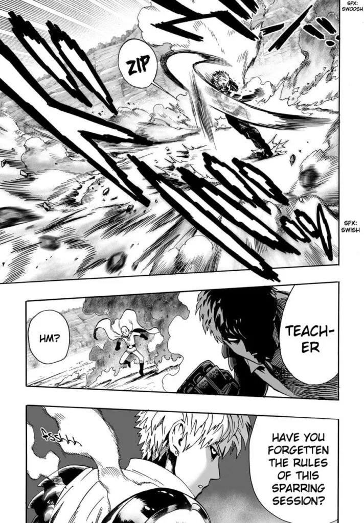 Genos punches Saitama, but he immediately dodges the attack.