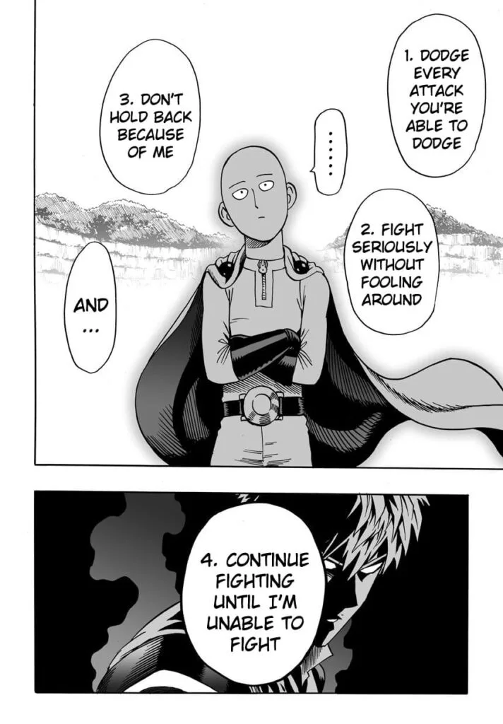 Saitama stands with an unserious face thinking about the rules of their fight while Genos looks super serious.