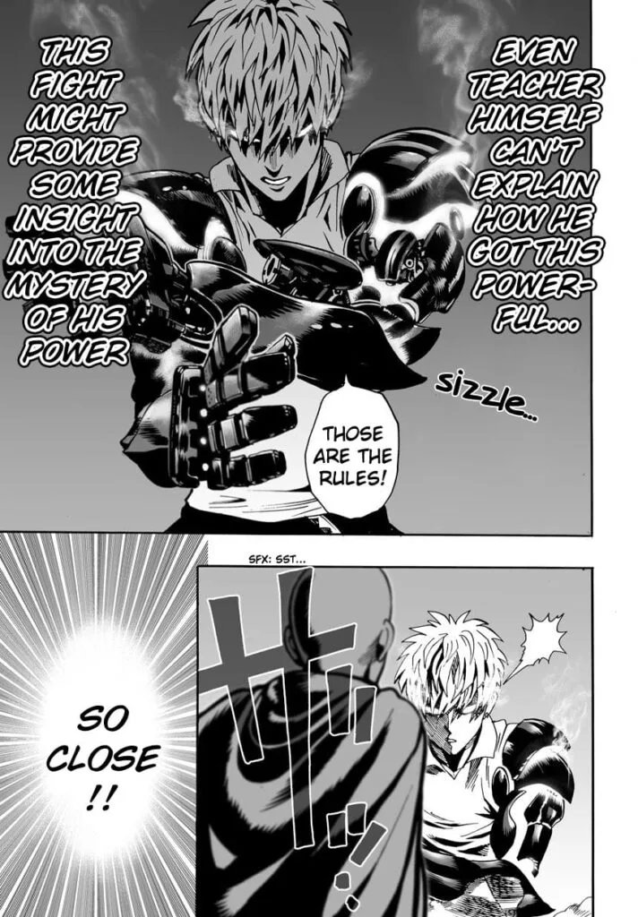 Genos' arms glow as he prepares for another attack, but Saitama Sensei moves close to him.