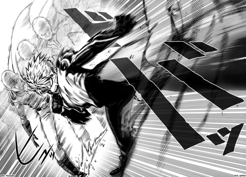 Genos kicks Saitama, but he moves behind him, showing his after-images in the process.