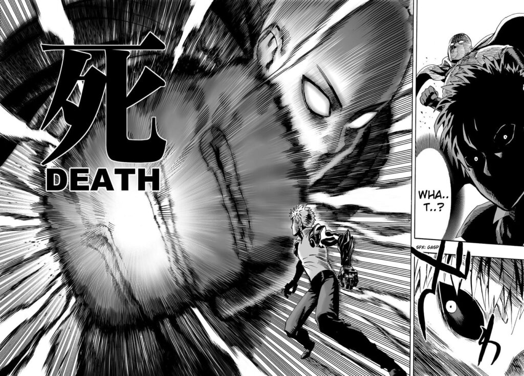 Saitama launches a huge single punch to Genos who now looks surprised.