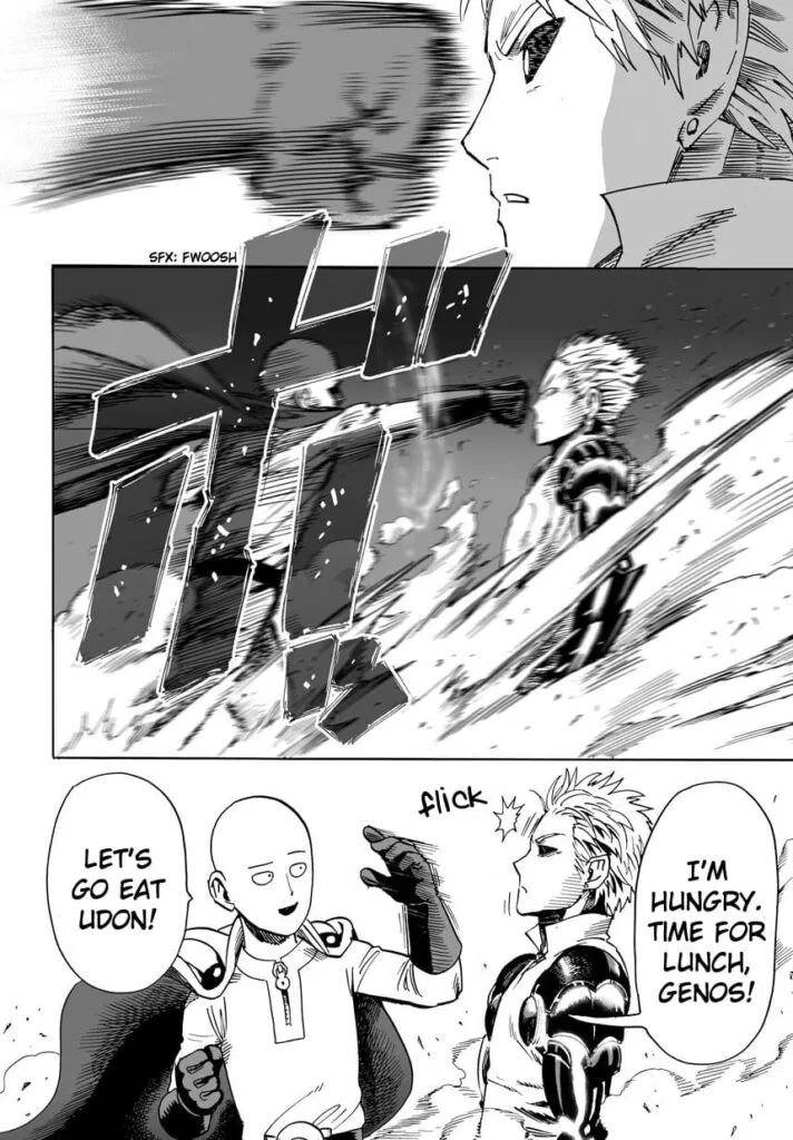 The punch stops a few centimeters from Genos' face, and then Saitama flicks him in the forehead while looking playful.