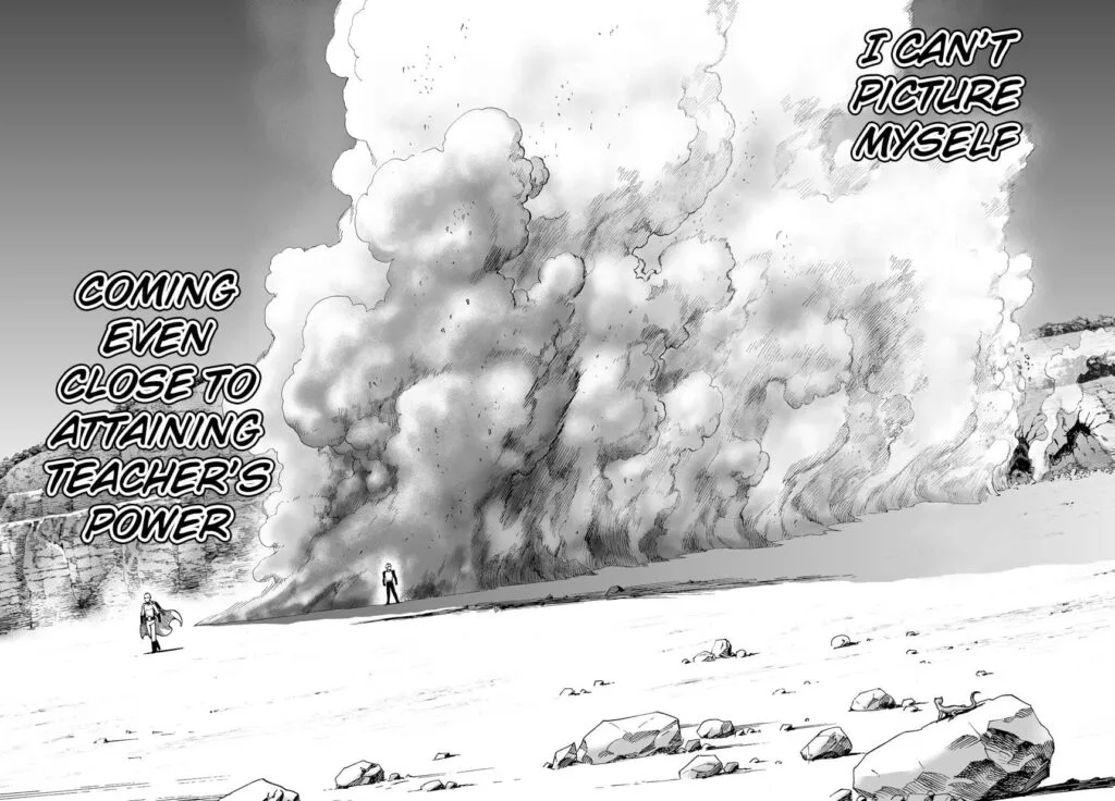 A massive cloud of dust is seen behind Genos due to Saitama Sensei's single punch.