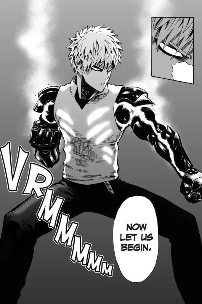 Genos on a fighting stance with his arms smoking.