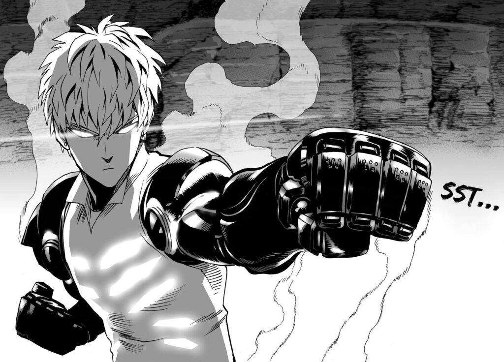 Genos is in a serious fighting stance now, and his left arm is facing forward.