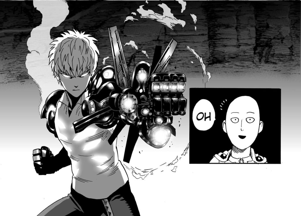 Light started glowing on his fist while aimed at Saitama.