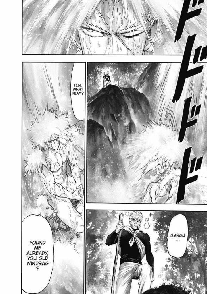 Garou sees Bang approaching him while he is meditating under the waterfalls.