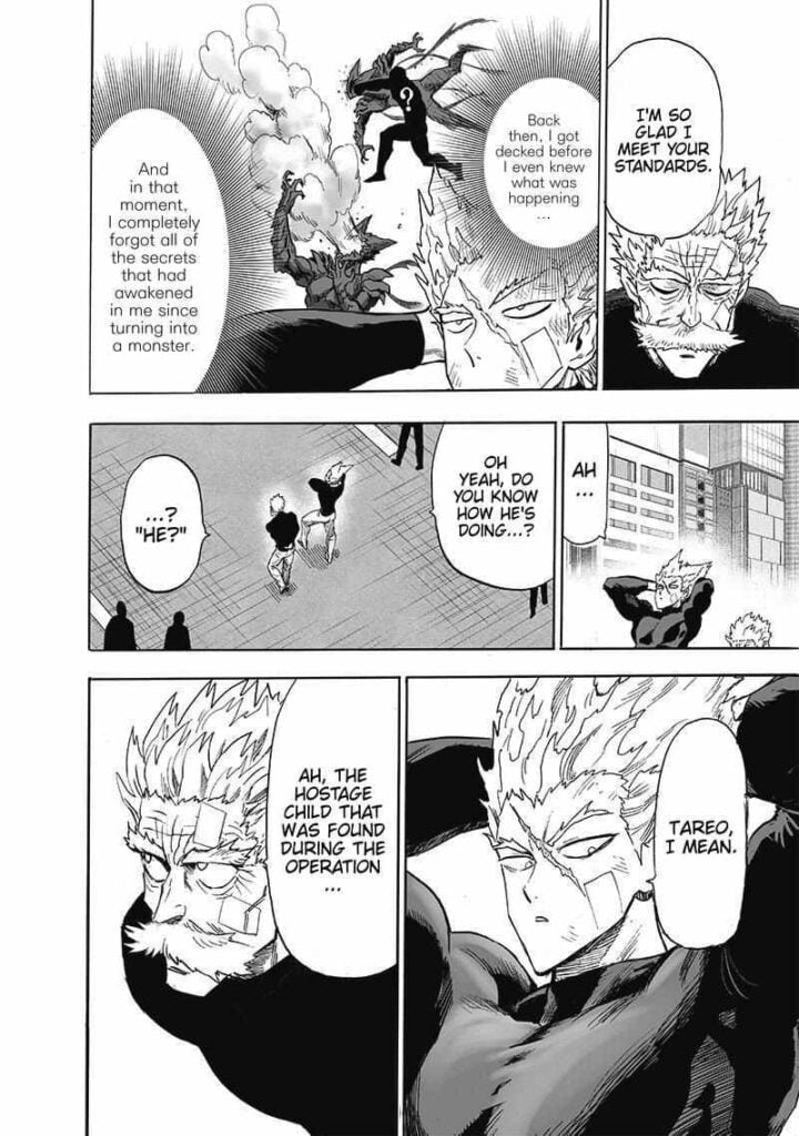 Garou remembers how that single punch defeated him. He asks Bang about the kid Tareo as they walk.