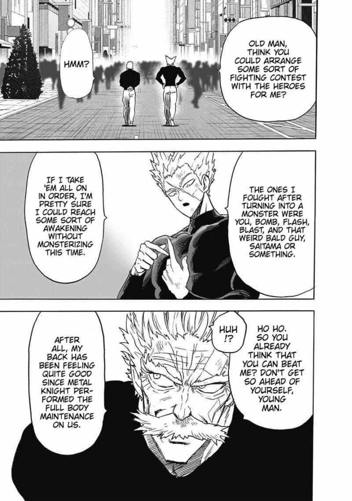 Garou asks Bang if he could arrange a fighting contest against the heroes as they walk along the busy road.