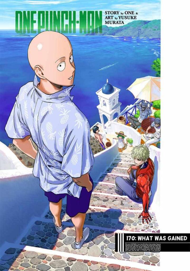 Color page of Saitama walking down the stairs while Genos sits in front of a resort overlooking the blue sea.