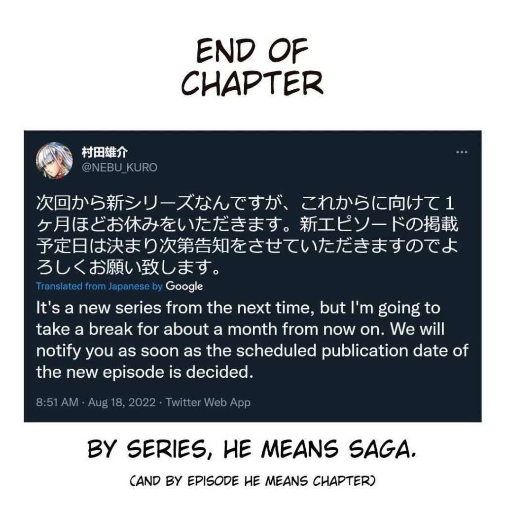 End of chapter with a tweet about the release of the next chapter.