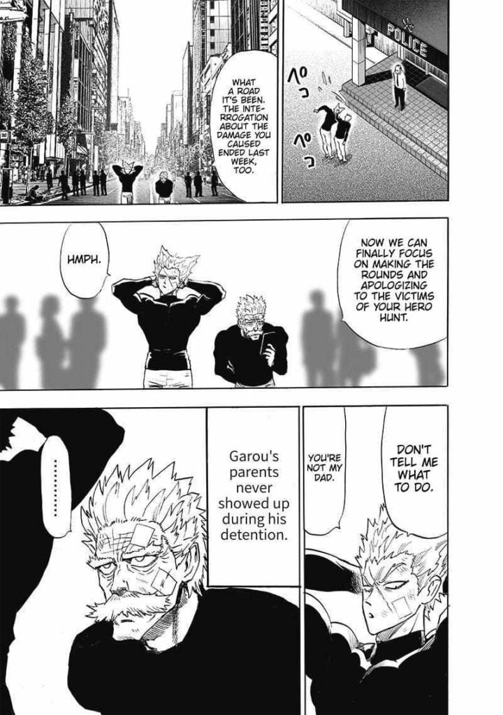 Bang and Garou walk together on the road after apologizing to the restaurant owners.