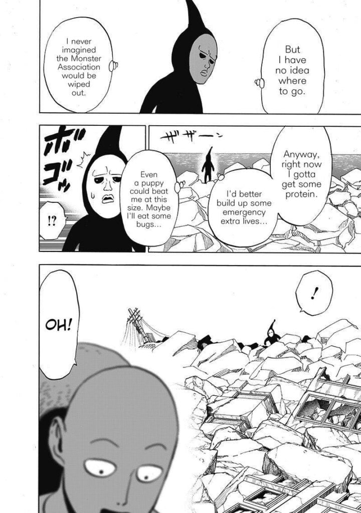 Black Sperm walks on the rubble and sees Saitama's bald head.