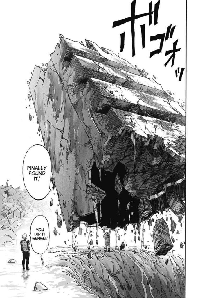 Saitama lifts a huge broken building while Genos stands behind.