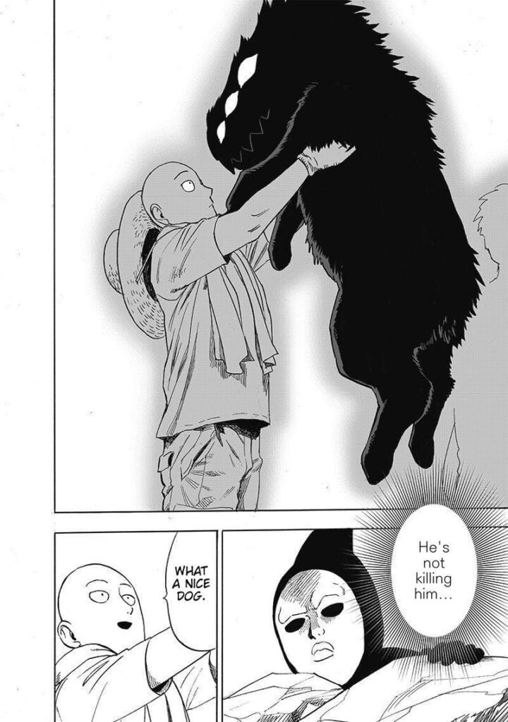 Saitama lifts up Rover and admires the nice dog. Black Sperm watches in surprise.