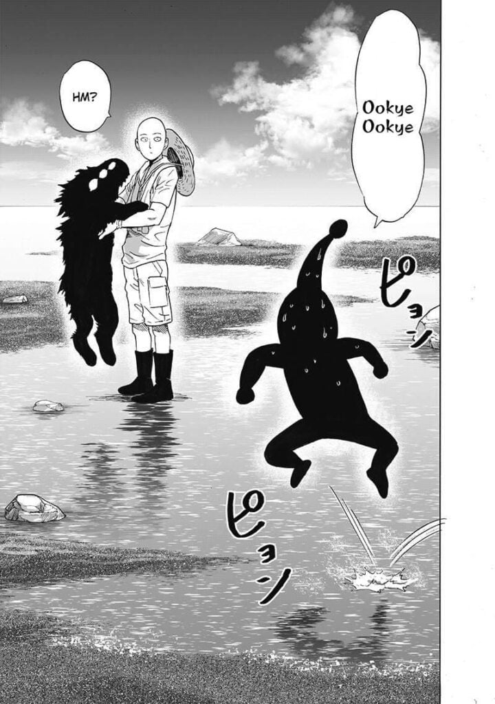 Black Sperm jumps towards Saitama, who is holding Rover.