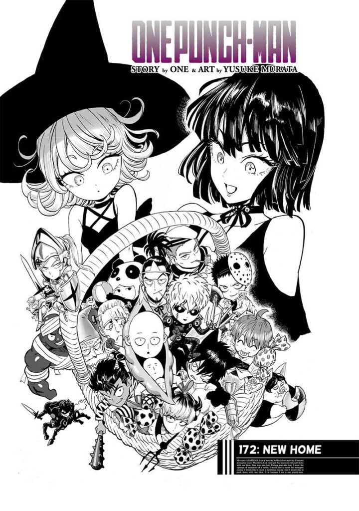 Fubuki and Tatsumaki with chibi versions of other heroes inside a basket as a cover image.