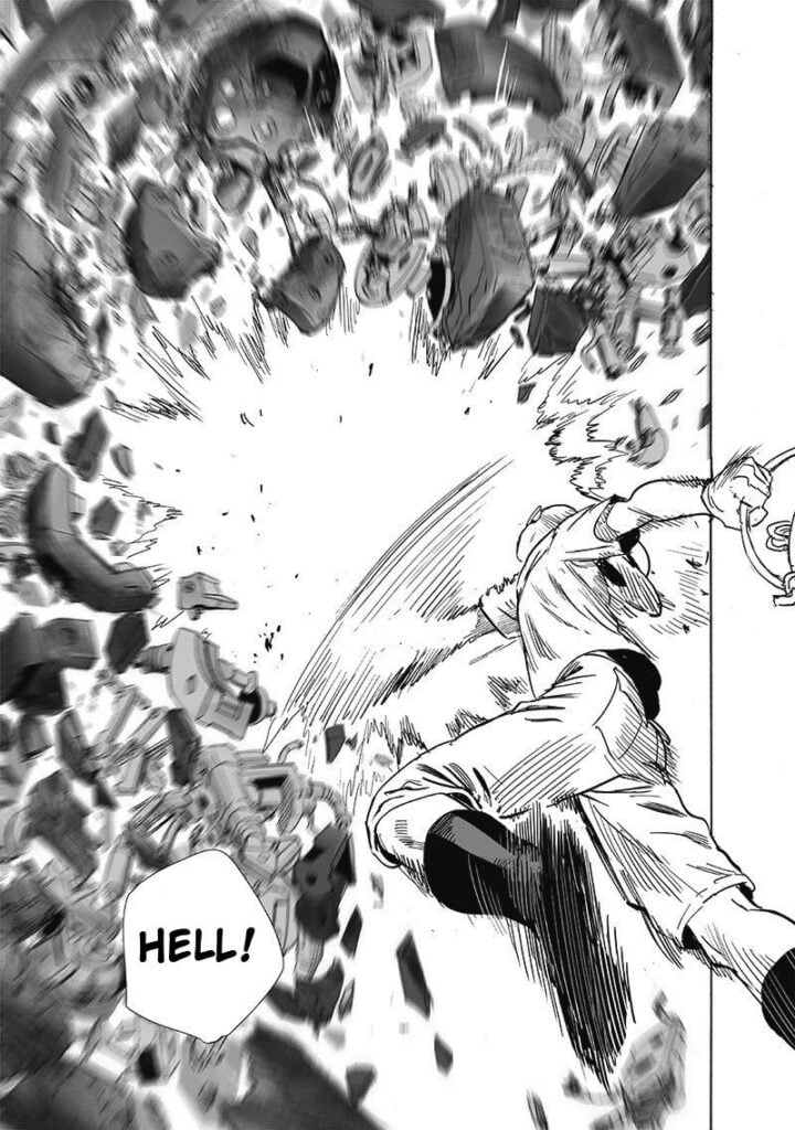 Saitama slaps the robot. It shatters into pieces.