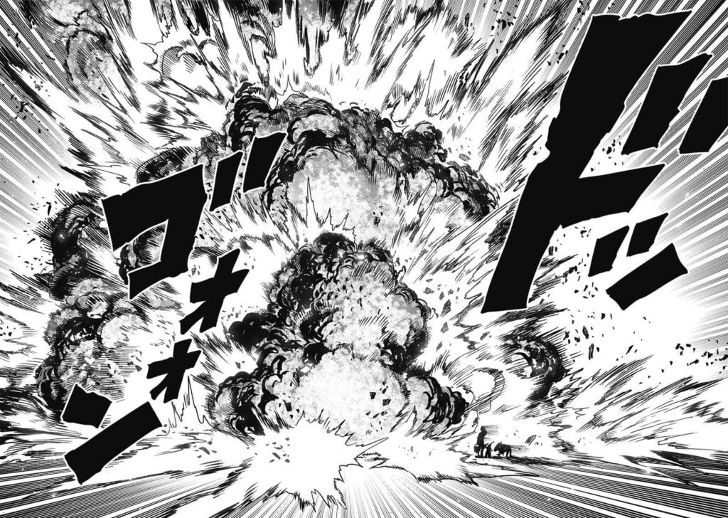 The robot massively explodes in front of Saitama.