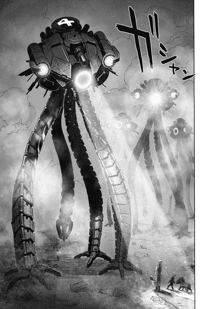 Four robots resembling jellyfish with four tentacles appear and shine lights on Saitama, Rover, and Black Sperm.