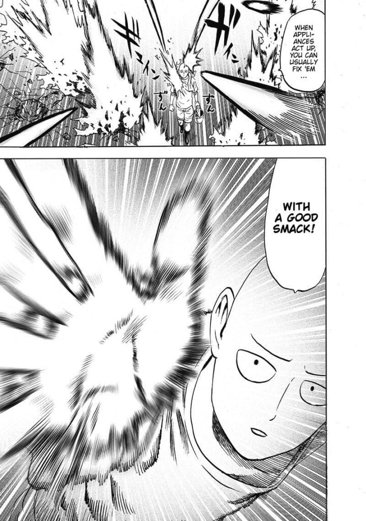 Saitama stands and suddenly slaps the robots.