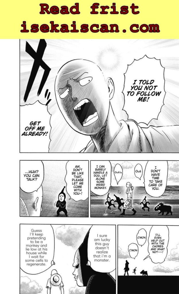 Saitama looks pissed after seeing Black Sperm follow him, wanting to be adopted.