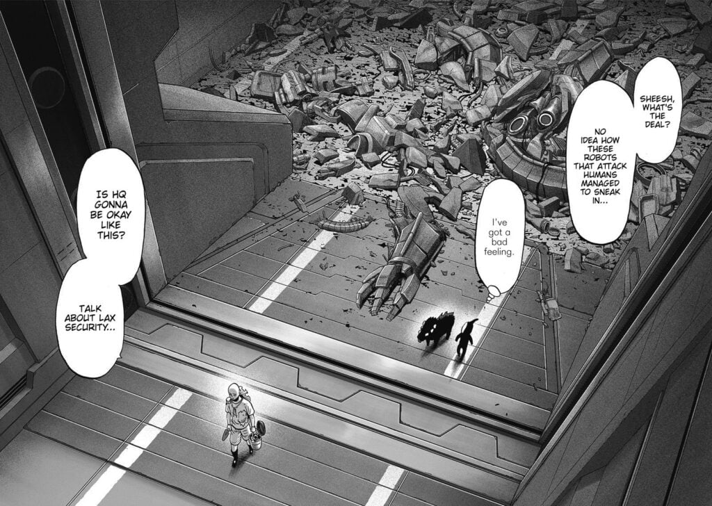 Saitama walks past the security gate, leaving the robots in pieces. Rover and Black Sperm follow them.