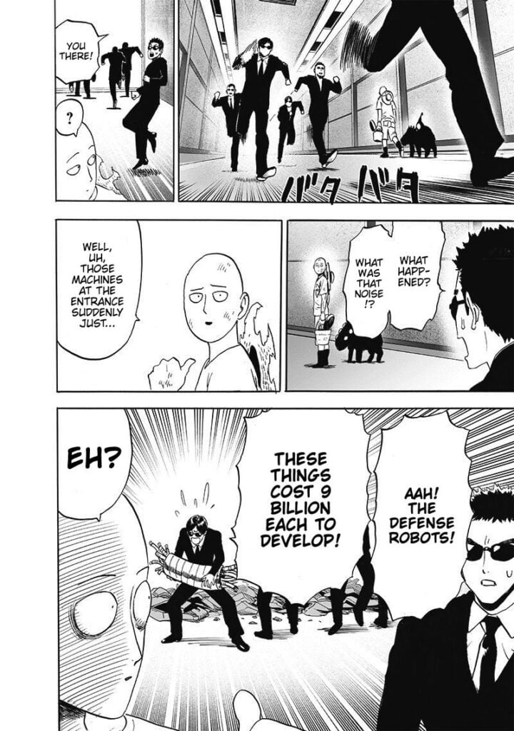 Saitama, Black Sperm, and Rover meet agents in the suite and run to the gate. One agent asks Saitama about the noise.