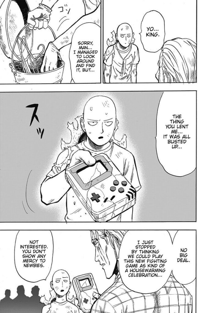 Saitama searches his bucket and gives King a broken Game Boy.