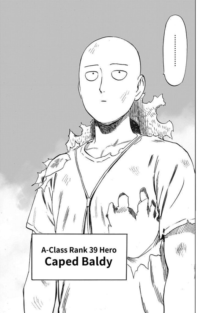 Saitama is shown with torn clothes and a straw hat behind him. He is an A-Class Rank 39 Hero Caped Baldy.	