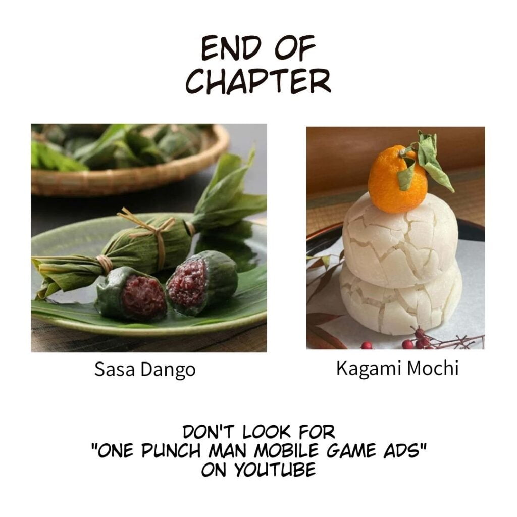 End of Chapter showing Sasa Dango and Kagami Mochi foods.