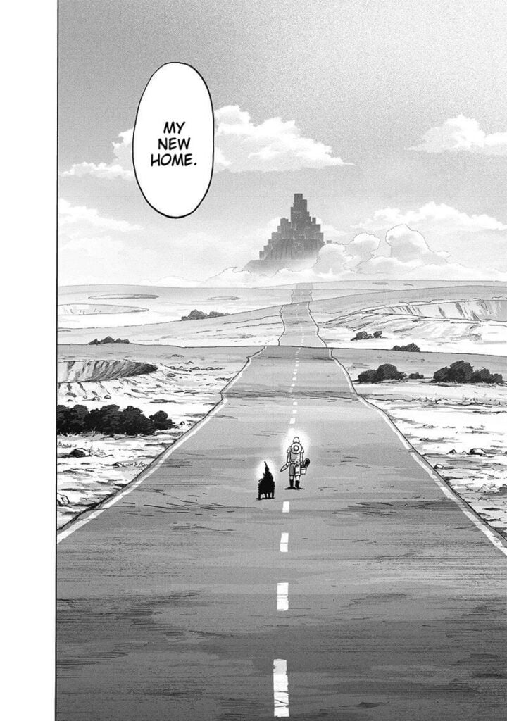 Saitama sees his new home, the H.A. Base, from a far distance. He, Rover, and Black Sperm walk towards it.