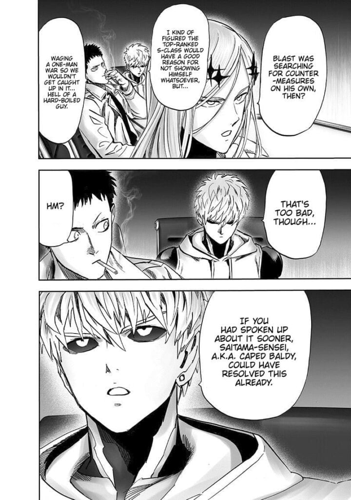 Flashy Flash comments about Blast's actions. Meanwhile, Genos intervenes and talks about Saitama.