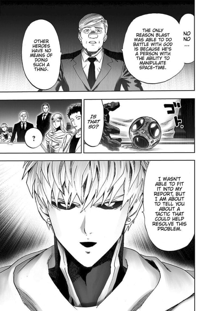 Sitch points out that Blast can manipulate space-time. Genos intervenes and brings out his core.