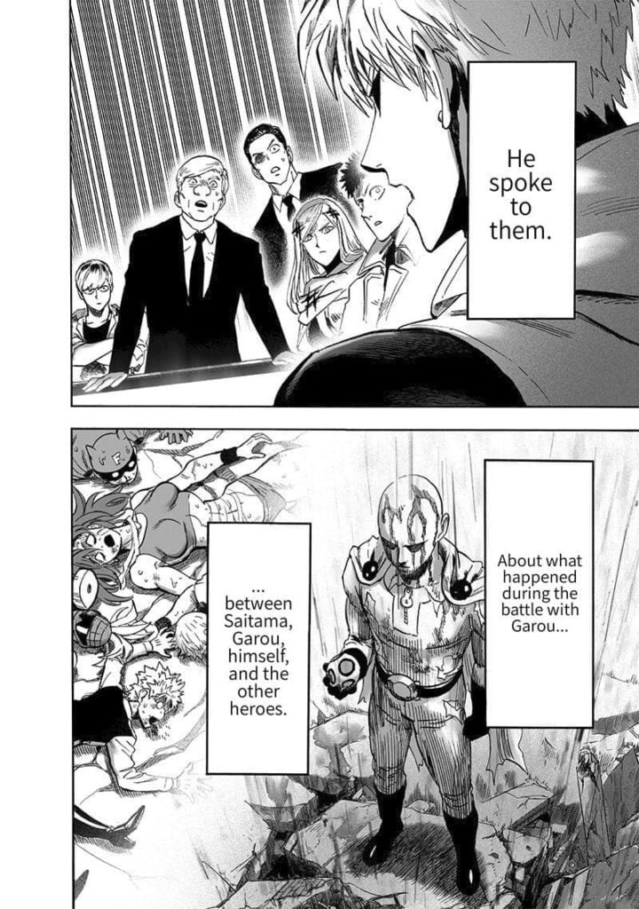 The heroes are shocked after Genos narrates what happened with Saitama and his fight with Garou.