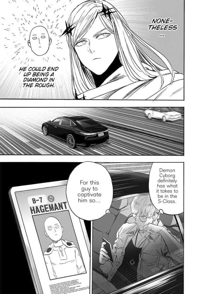 Flashy Flash thinks about Saitama. Amai Mask looks at Caped Baldy's profile while inside his speeding car.