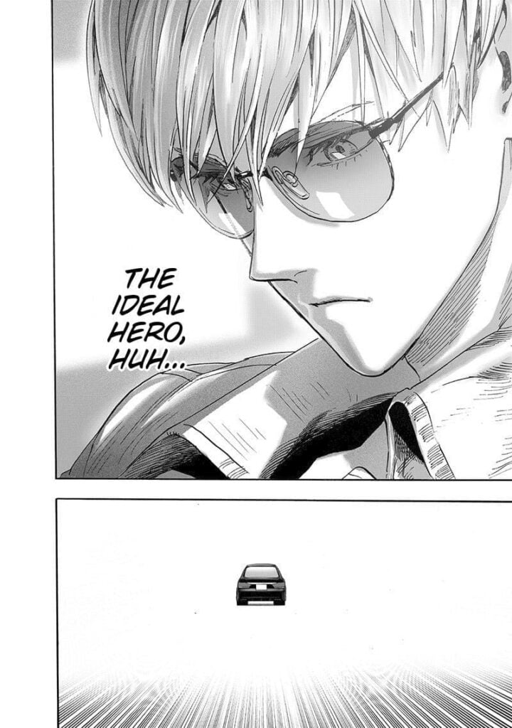 Amai Mask thinks about the ideal hero while inside his car.