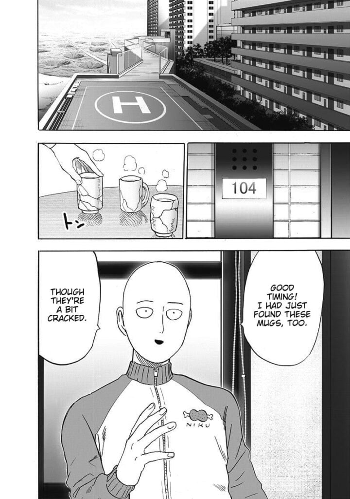 Cut to another scene, Saitama prepares three cracked mugs in his new apartment.