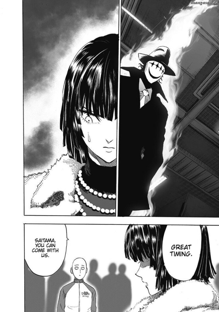 Fubuki senses the energy of a masked man underground. He tells Saitama to come with them.