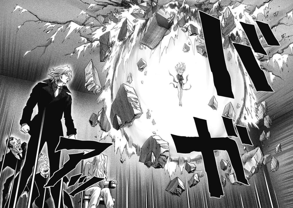 Tatsumaki suddenly appears from above, destroying the concrete ceiling near Psykos as she comes down.