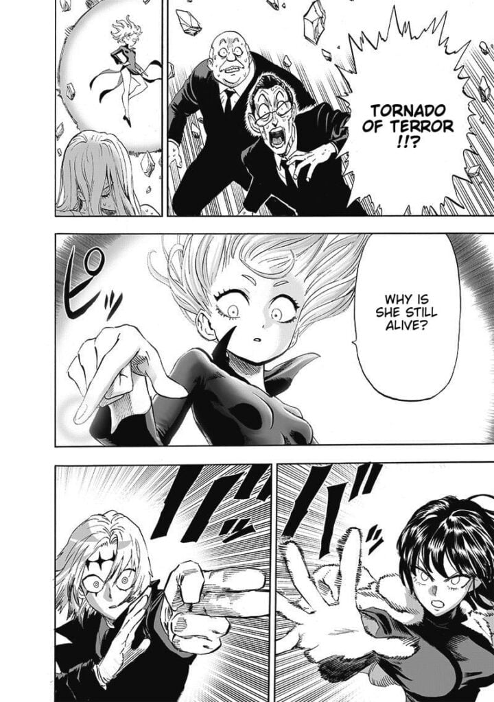 The executives are shocked. Tatsumaki flicks her finger. Fubuki and the mysterious man power up.