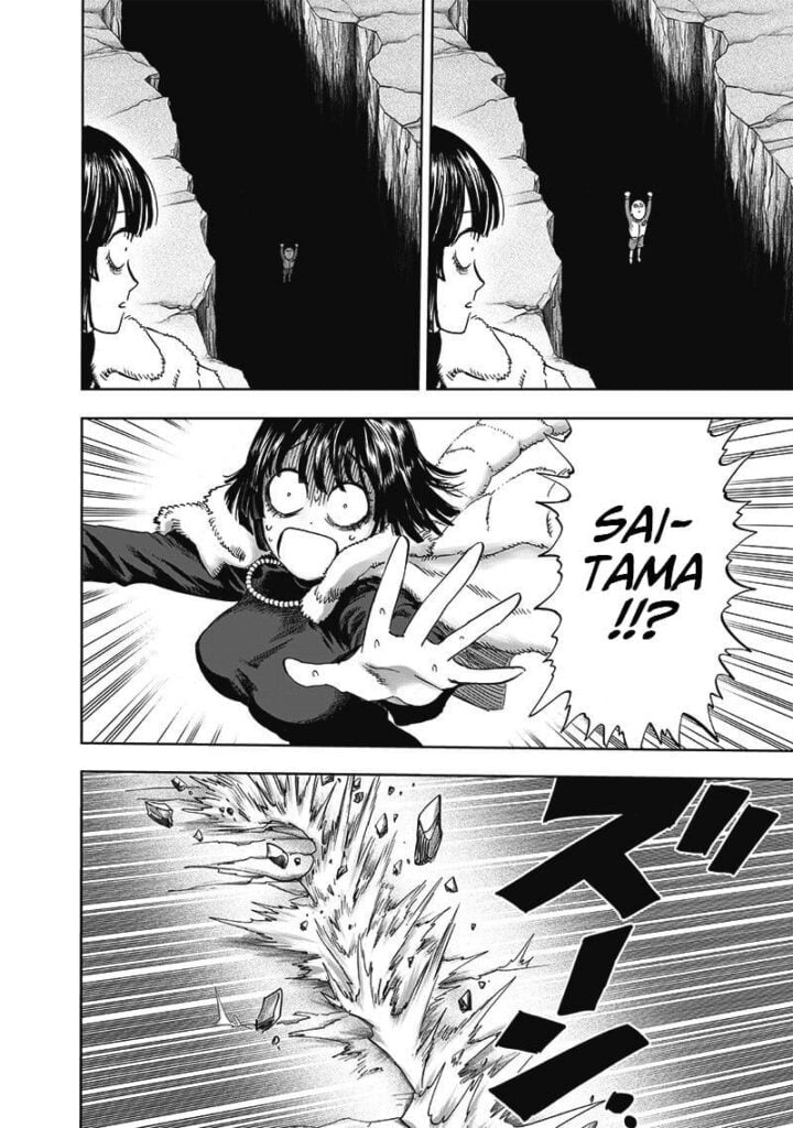 Fubuki reaches out for Saitama, who now falls into the dark crack. The floor suddenly shuts.